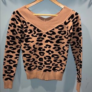 Guess Tan and Black Animal Print V-Neck Sweater